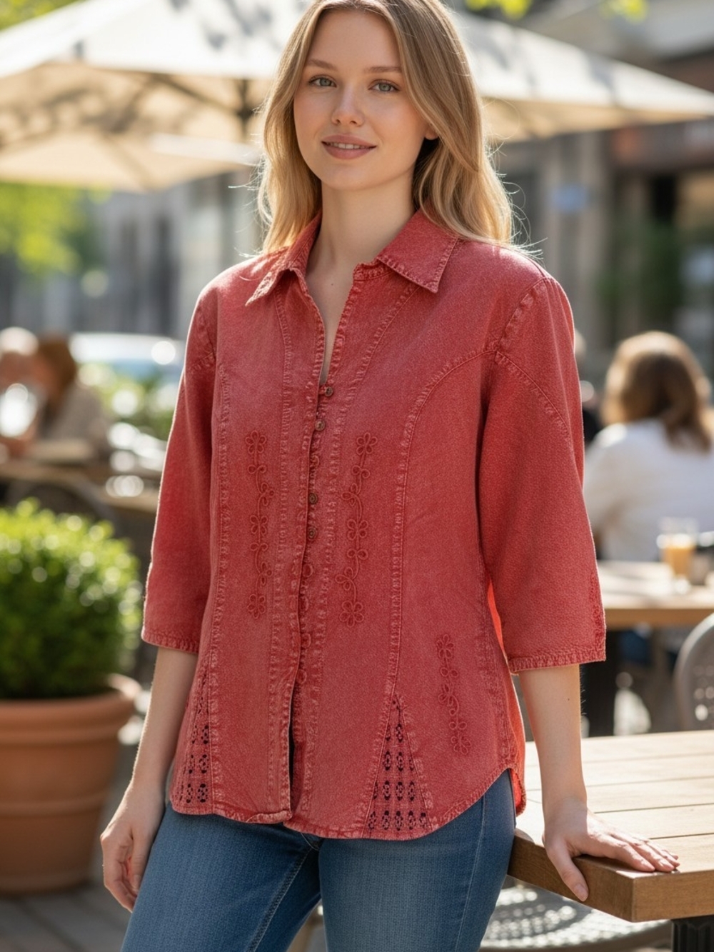 Scully Coral Button-Down Embroidered Shirt
